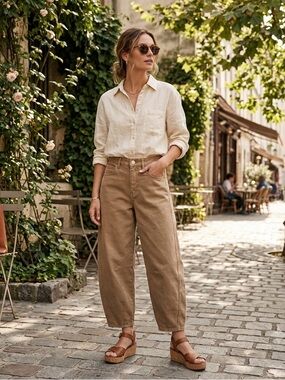 Oat New York Sz 2 Barrel Leg Cropped Khaki Tan Denim Womens Jeans